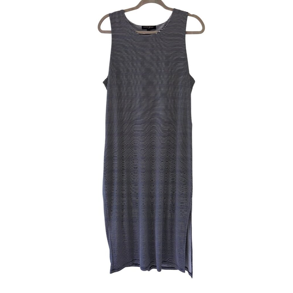 Banana Republic Black Striped Midi Dress Layered Side Slits Stretch Shift
